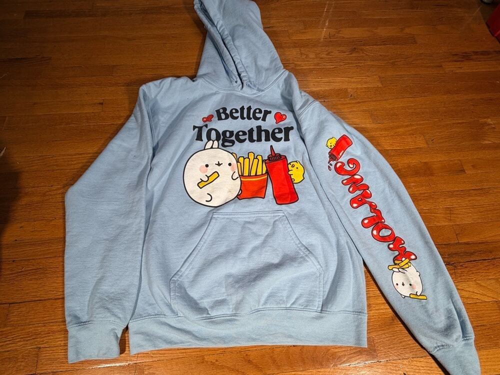 Molang Better Together Hoodie Size Small Light Blue Fries Ketchup Graphic Pullov
